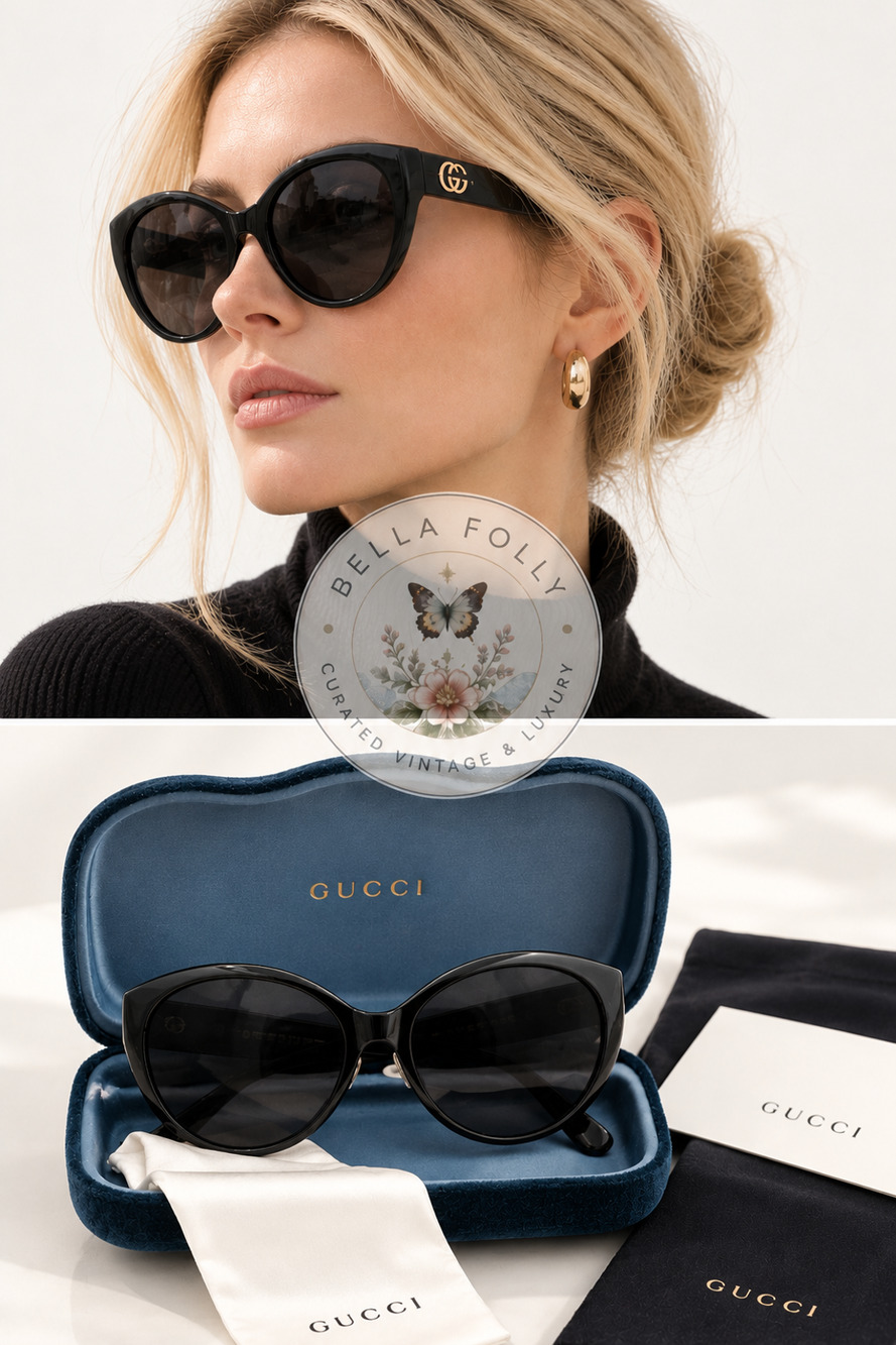 Gucci GG0814SK Black Oversized Cat Eye Matelassé Sunglasses GG Logo NWT